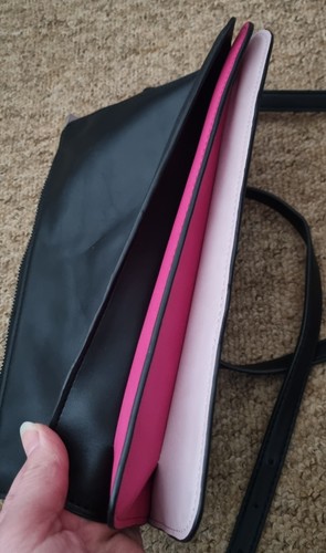 Laura Ashley Black Faux Leather Slim Long Strap Handbag Pink Detail 3 Pocket Zip - Picture 4 of 8