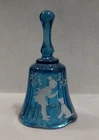 Fenton Blue Glass Bell Mary Gregory Style 80's Vintage Girl With Dog