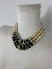 Vintage 50s Faux Pearl Rhinestone Triple Strand Necklace Designer Lux Look