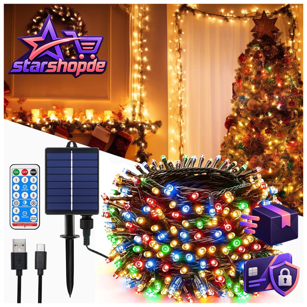 Solar Lichterkette 20M 200LED Mit Fernbedienung 8 Modi Dimmbar Wetterfest-image