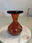 Vtg Hand Blown Glass Murano Style End Of Day Spatter Vase Red-Yellow-Blue 4.75”