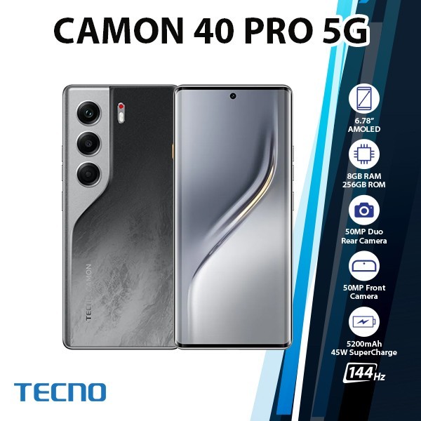 TECNO Camon 40 Pro 5G Android Cell Phone (8GB+256GB/BLACK/Dual SIM/Unlocked)