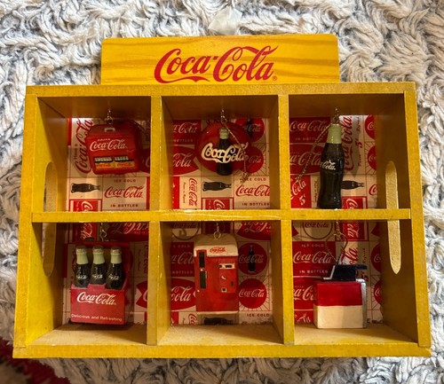 Mini Coca Cola Crate Ornament Display With Ornaments. Rare Collectible