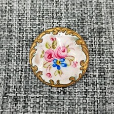 Antique Victorian French Champleve Enamel Floral Motif Button Pink Blue Flowers