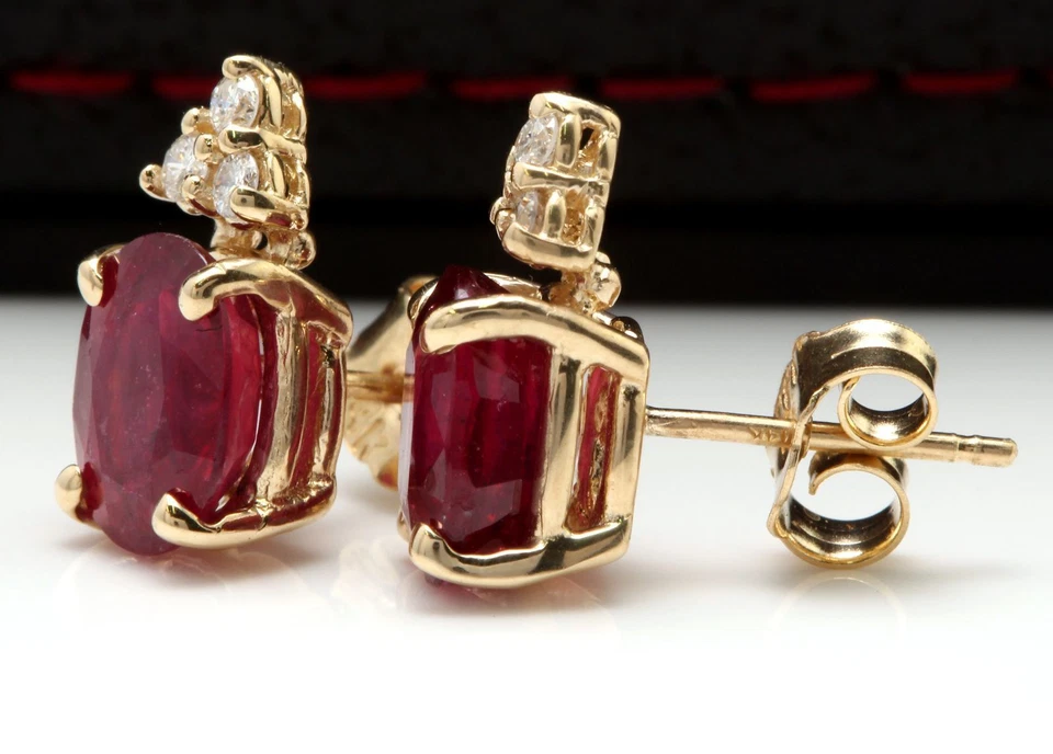 4.04 Carats Natural Red Ruby and Diamond Stud Earrings Solid 14K Yellow Gold k87 - Image 3 of 4