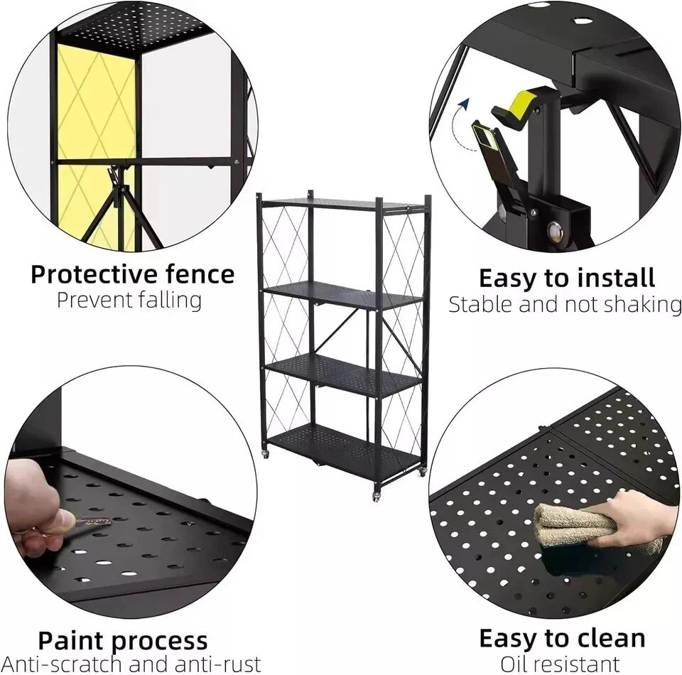 4 Tier Foldable Metal Storage Shelving Rack Heavy Duty With Wheel Home Organizer - Image 4 of 4