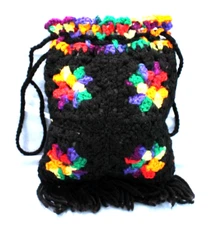 Cottagecore AFGHAN GRANNY CROCHET Black/Rainbow DRAWSTRING Boho POUCH/TOTE/BAG