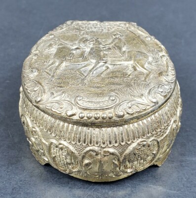 Vintage Cast Metal Hinged Jewelry Trinket Box Red Lining Riders