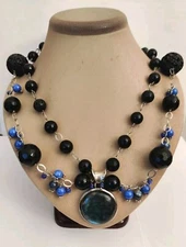 Beautiful Jet Black Glass Lapis Black Lava Cascade Necklace Silver 925 OOAK 