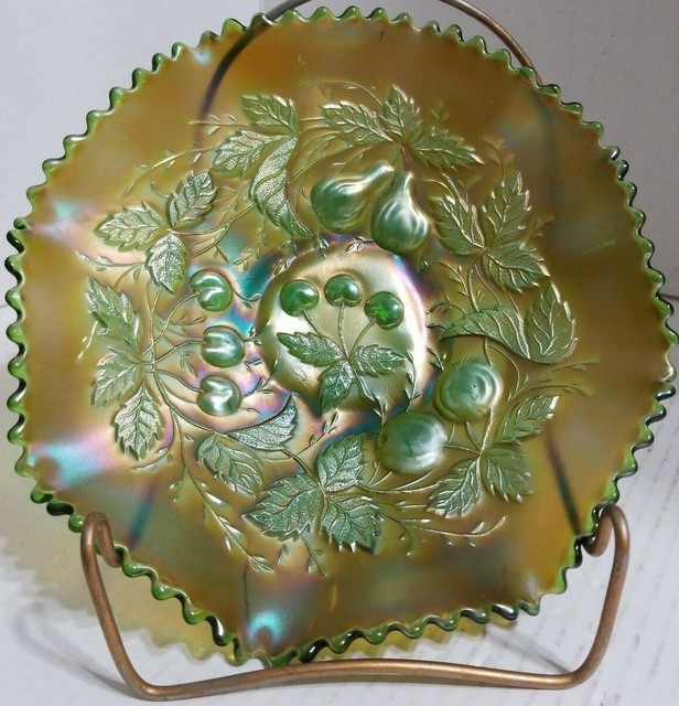 Vintage Carnival Glass Marked Northwood Three Fruits Cherries Bowl 8