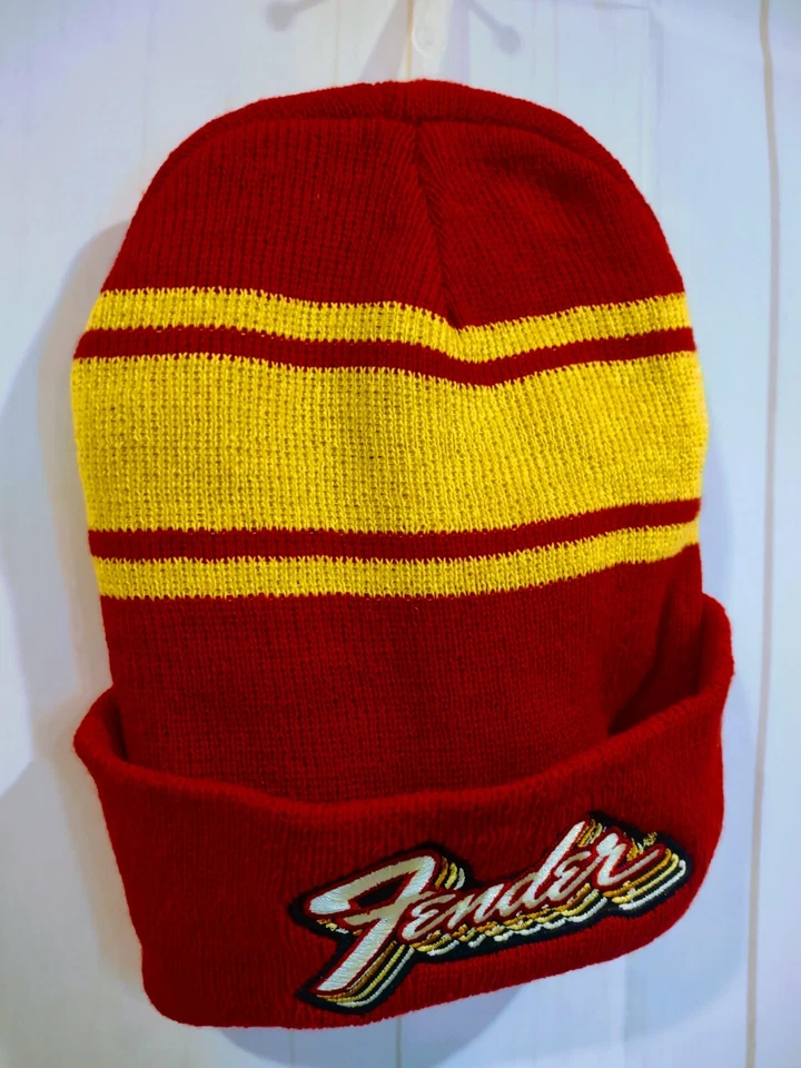 FENDER Logo Invierno Tobagon Gorro Rojo Amarillo Guitarra Retro Adulto NUEVO 🎸🎸 Foto 4 de 4