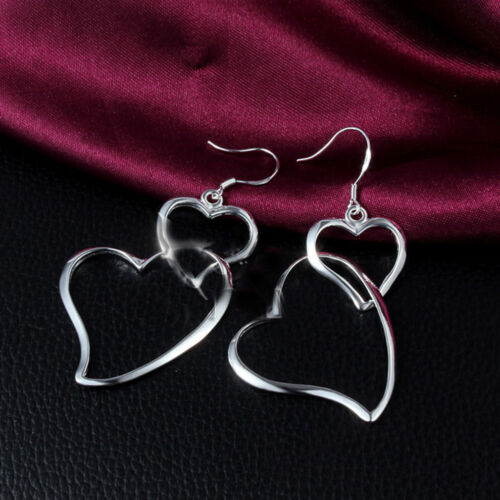 Fashion Women Silver Double Heart Dangle Stud Earrings For Valentine Gift L