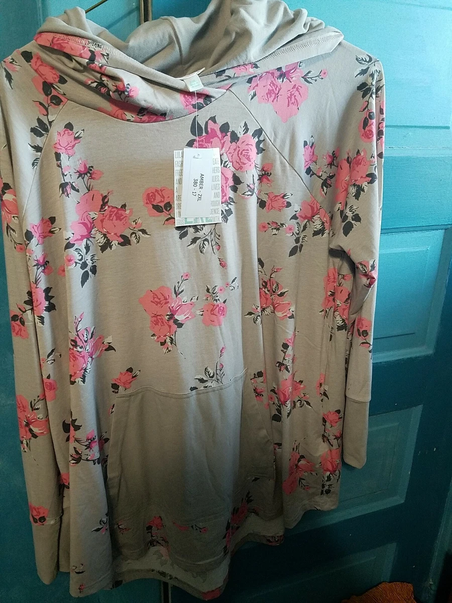 LuLaRoe Amber Hoodie 2XL XXL Pink floral gray background Jersey