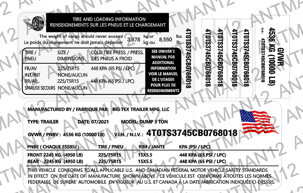 CUSTOM VIN# Trailer Data Decal Sticker ID Label Tire Loading