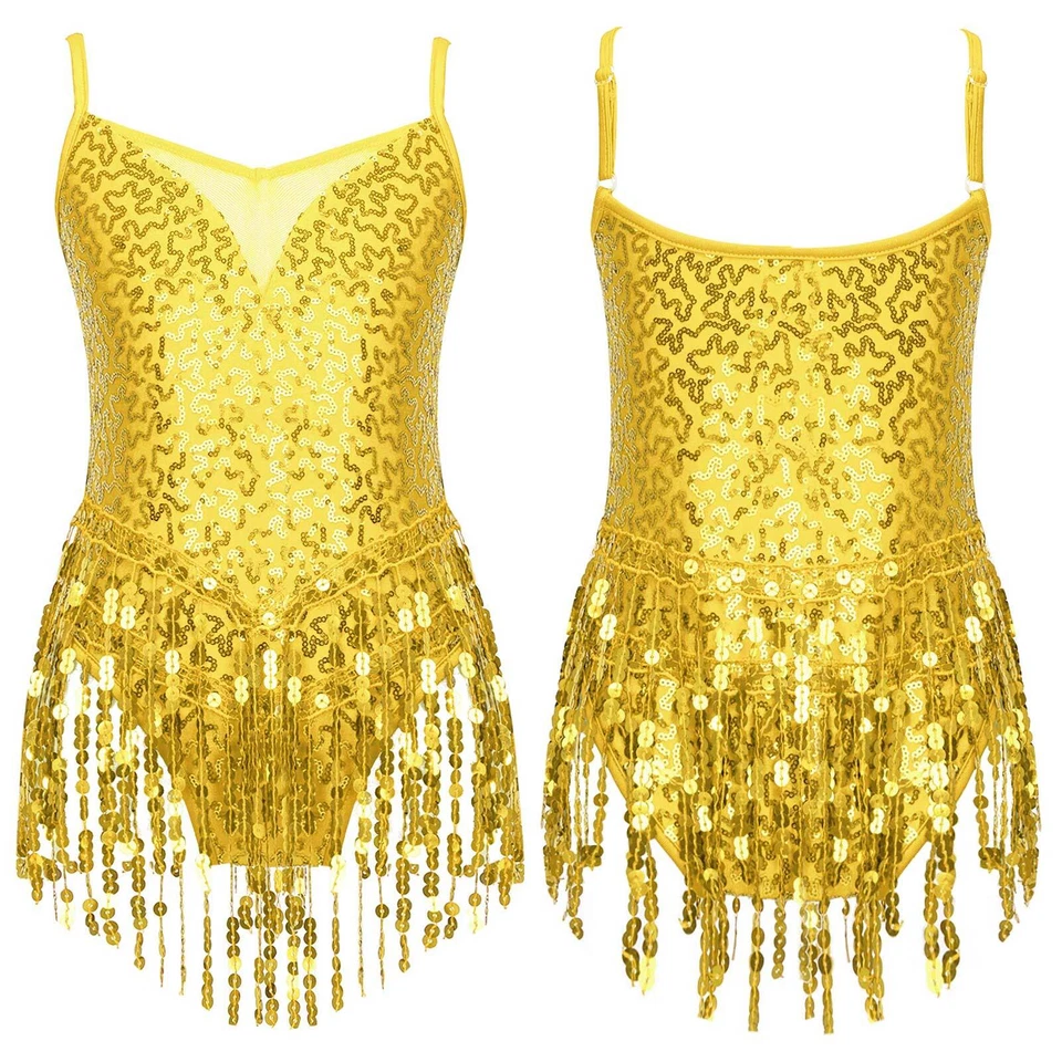 UK Kid's Girls Sequins Tassel Latin Dance Dress Jazz Modern Leotard Performance - Image 3 of 4