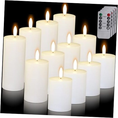 12 Pcs White Flameless Candles Flat Top LED Candles with Remote Timer, Pillar 