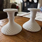 Pair Vintage Westmoreland English Diamond Hobnail Milk Glass Candlestick Holders