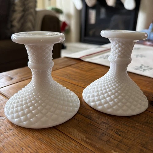 Pair Vintage Westmoreland English Diamond Hobnail Milk Glass Candlestick Holders