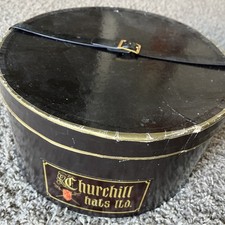 1950's Churchill Hats Box With Carrying &ldquo;leather &ldquo; Belt Strap - Black & Gold