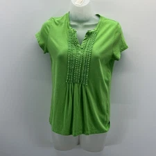 TALBOTS Woman SS Green Knit Top With Detailed Trim Front Placket Size SP