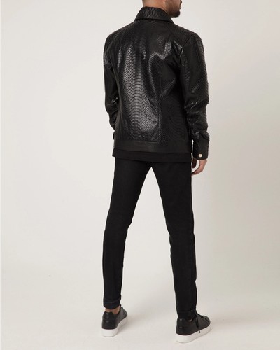 Men's Leather Jacket Black Python Pattern Embossed Real Luxury Leather Jacket - Picture 2 of 7