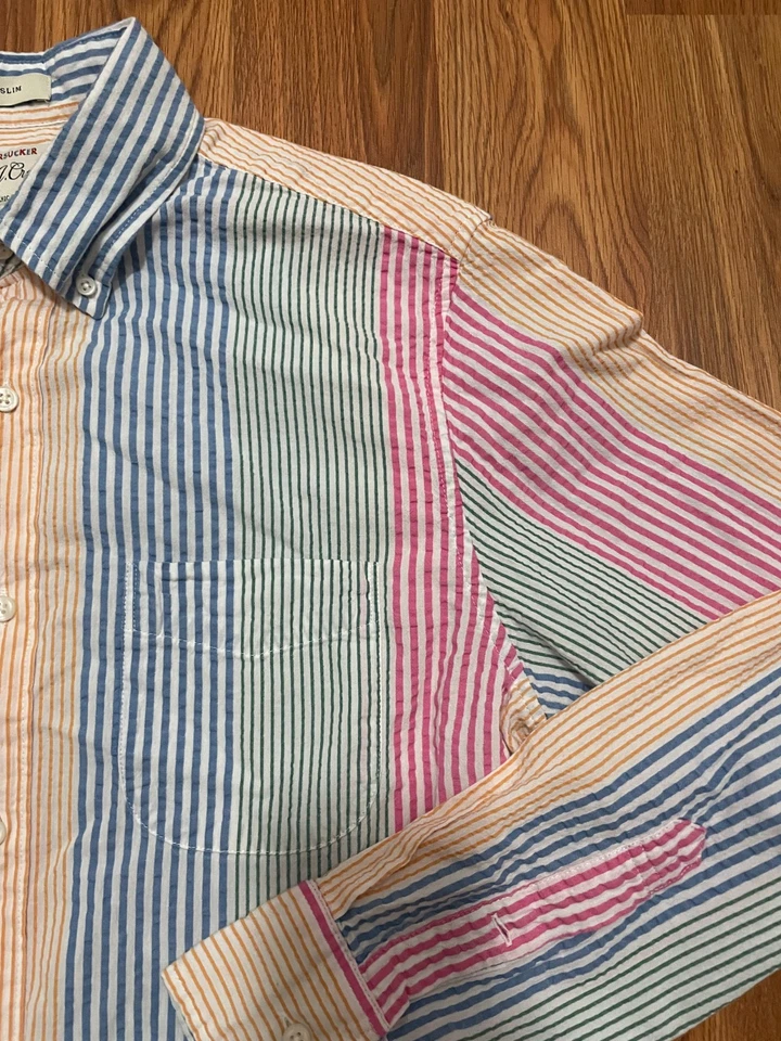 Camisa J.Crew Para Hombre Mediana Delgada Seersucker Multicolor Rayas Algodón Orgánico Foto 4 de 4