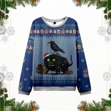 Cute Black Cat & Crow Ugly Christmas Sweater Jumper Funny Winter Animal Gift