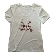 Women L V Neck Short Sleeve T-Shirt "Merry Christmas" Gift -Reindeer Antlers