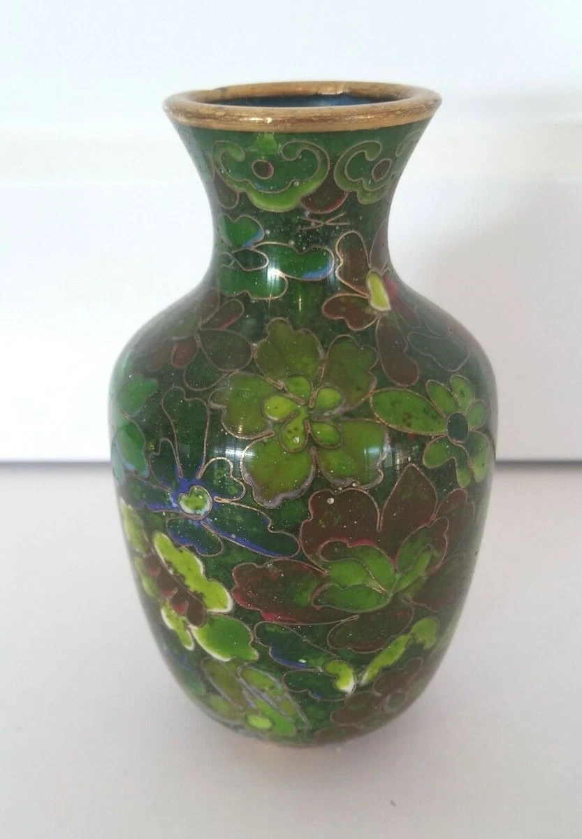 Chinese Vintage Stunning Cloisonne Green Vase-Floral Pattern + Rosewood Stand