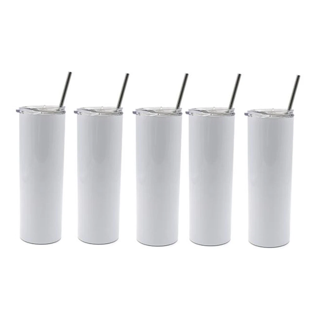 5 Blank Sublimation Tumblers : Stainless Steel Double Walled Skinny 24 oz.  White