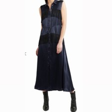 Ganni Donnelly Fringe Midi Shirt Dress 6 8 10 Western Sleeveless Satin Navy £340