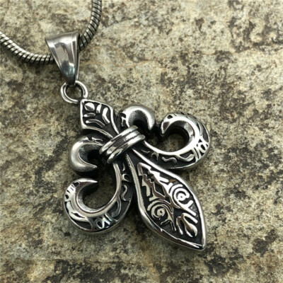 Mens Fashion Stainless Steel Fleur De Lis Pendant Necklace Jewelry Chain Gift