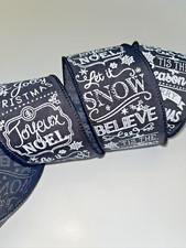 Christmas Black Wired Edge Ribbon/White Holiday Phrases and Symbols 2.5"x 5 Yds.