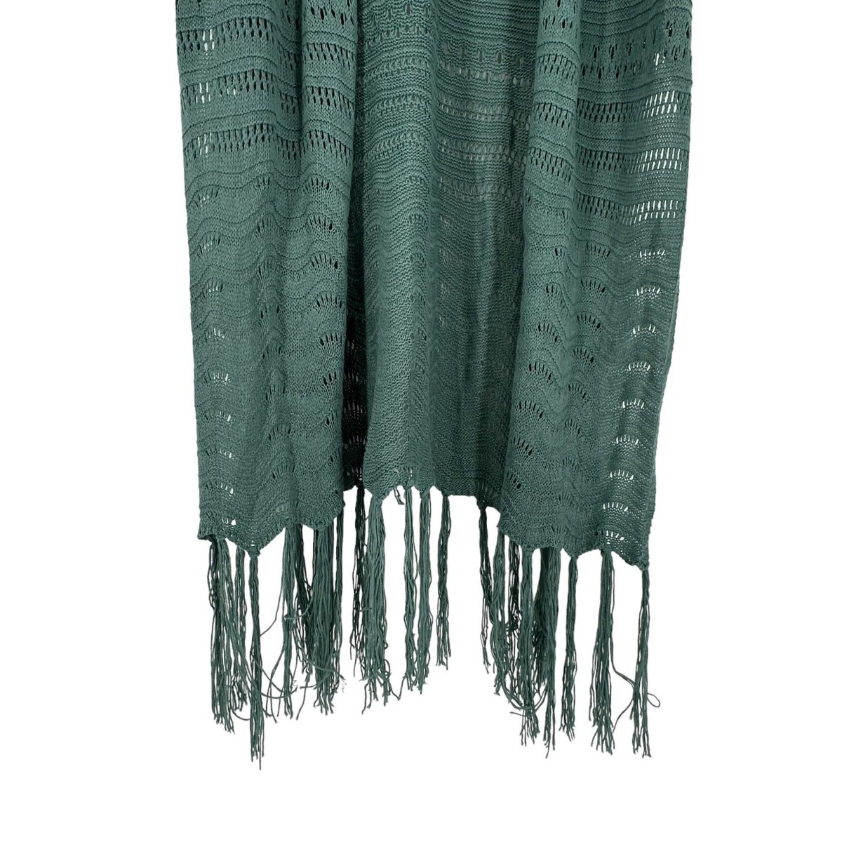 その他 Y Fringe Green Crochet Cardigan Open Front Cold Shoulder Size Small