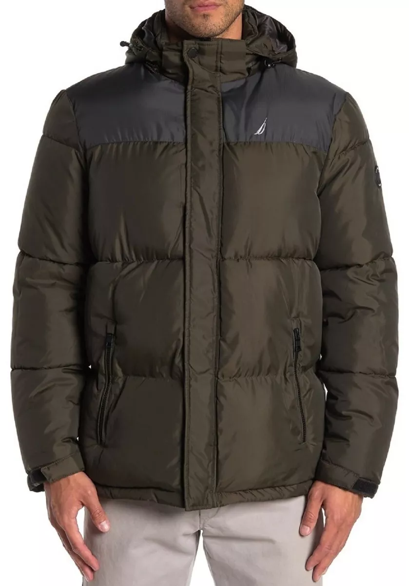 Nautica Men s Olive Medium Water Resistant Hooded Puffer Jacket NEW