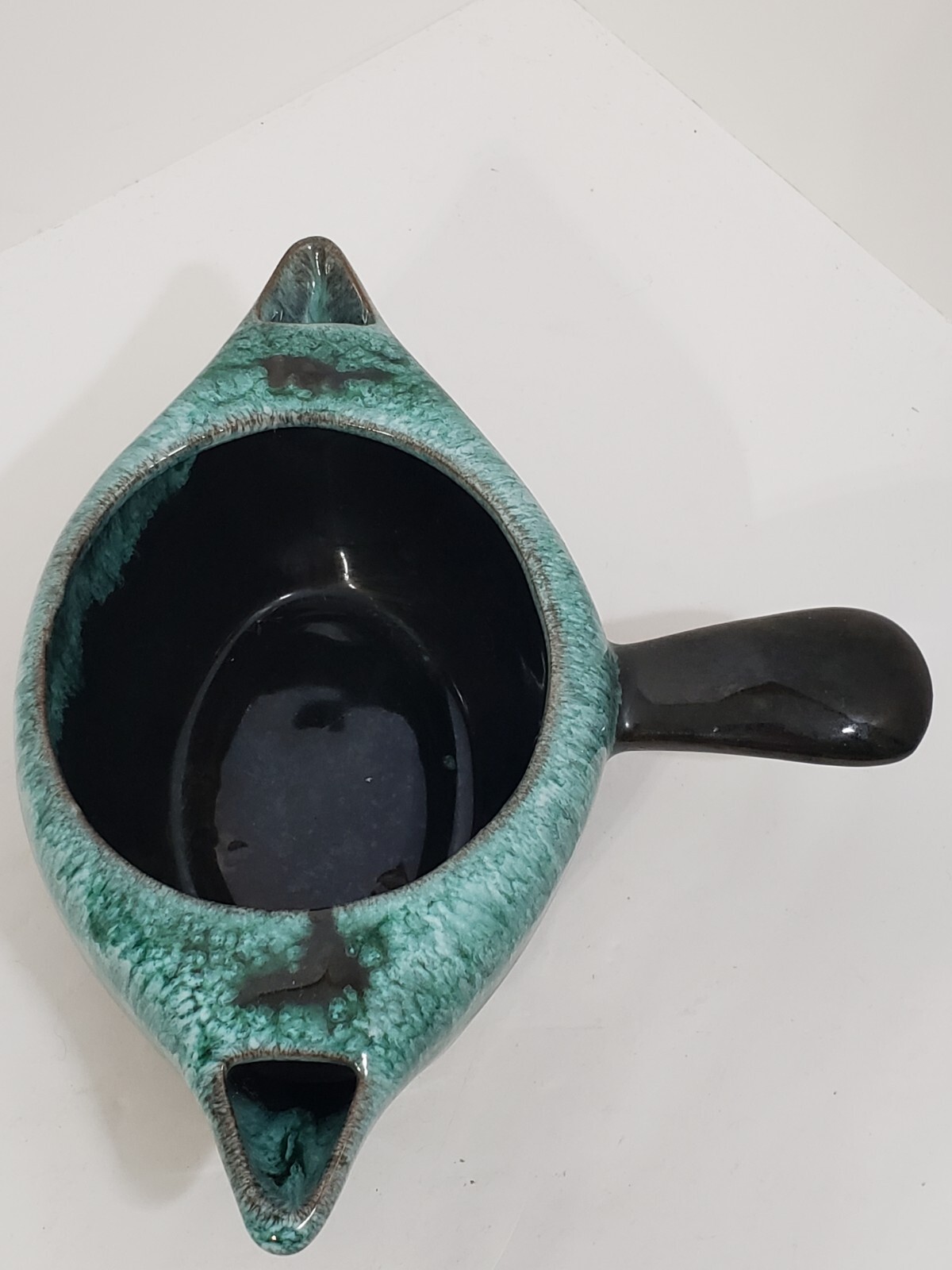 VTG Evangeline Gravy Sauce Boat Teal Color Drip Glaze Pottery 2 Spouts Canada