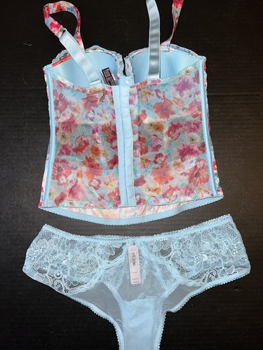 Victoria's Secret 34C 36B M CORSET TOP BUSTIER SET M Panty BLUE Red Pink Poppy - Picture 2 of 2