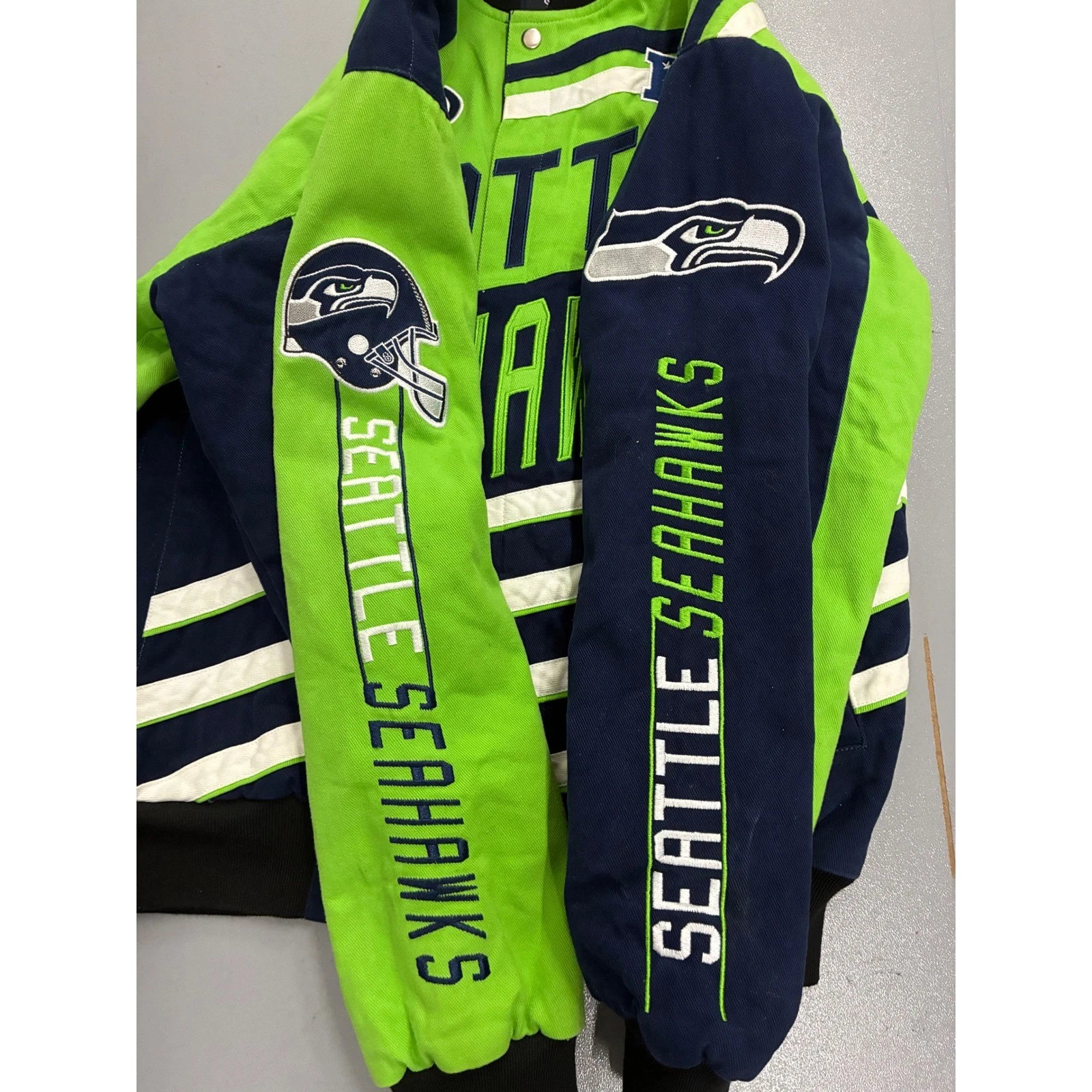 NFL Seattle Seahawks Varsity Jacket Mens Medium Navy Lime Green Cotton Twill - product detail image 5