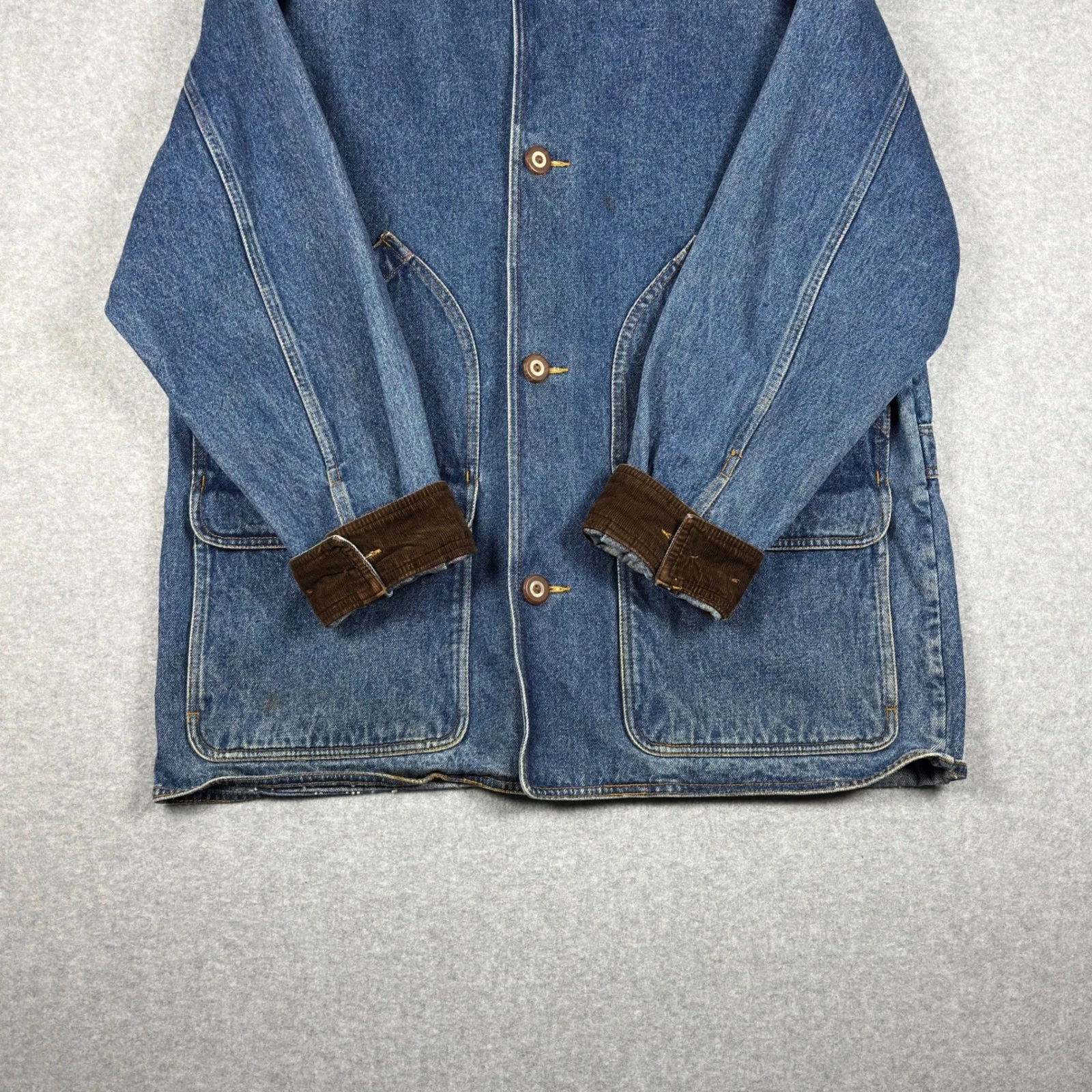 Vintage 90s Eddie Bauer Denim Jacket Mens L Chore Barn Coat Corduroy Collar - product detail image 4