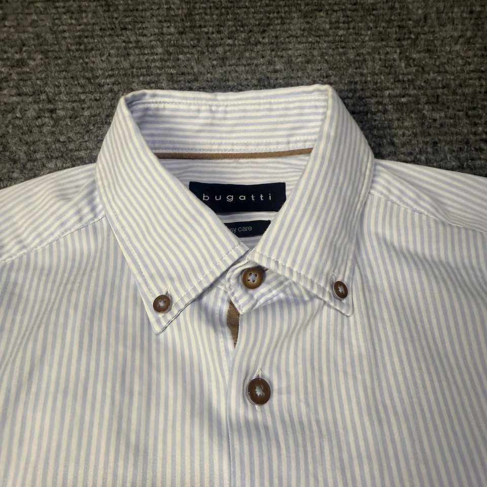 Рубашка мужская Bugatti маленькая сине-белая в полоску на пуговицах с длинным рукавом легкий уход - Изображение 4 из 4