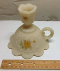 Fenton Custard Satin Glass Hand Painted Candle Holder w/ Finger Loop 4" Tall