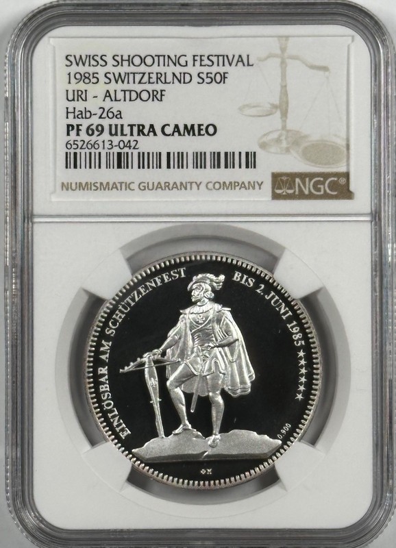 1985 Swiss 50 Franc URI-Altdorf Shooting Festival Proof Silver NGC PF 69 UC