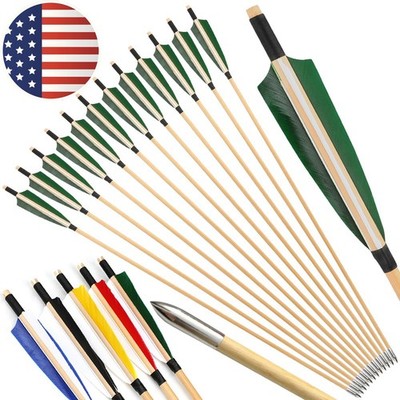 12X 32'' Archery Wooden Arrows 5'' Feather Field Tips Traditional Bow Longbow Hunt
