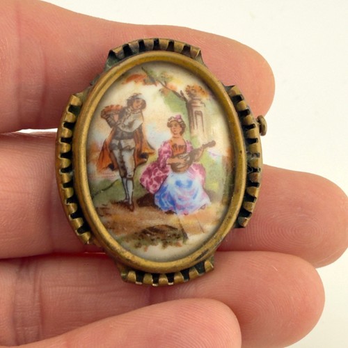 Vintage Limoges Brooch Courting Couple Hand Painted Porcelain Signed Pin