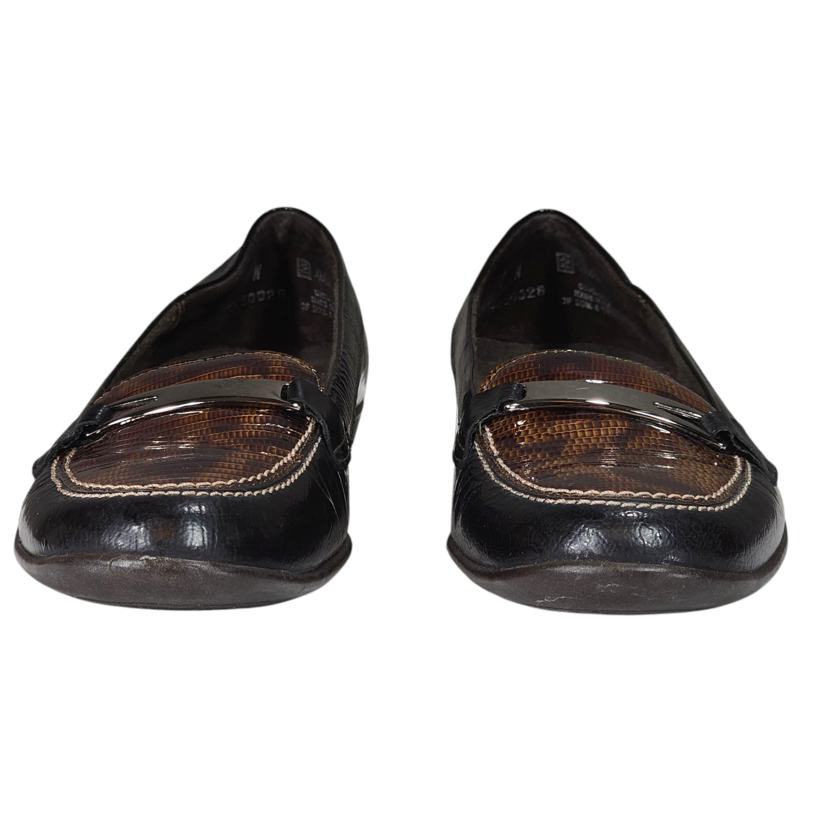 Munro American Snakeskin Loafers sz 7N Women Patent Leather Horsebit Black Brown