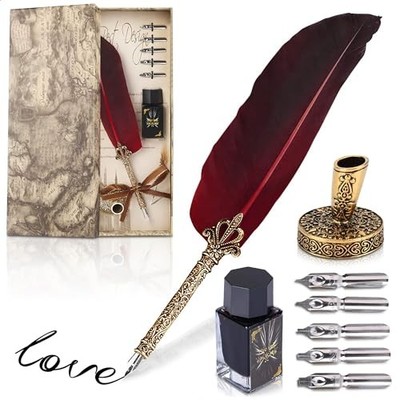 Feather Quill Pen and Ink Set - 11.4'' Antique Feather Pen and Ink Set with Red