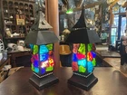Pair of vintage 1940s-1950s Peter Marsh brutalist stained glass lantern lamps