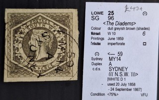 1859 NSW Australia 6d Dl Greyish Brown Imperf Large Diadem stamp WMK 6 Used £40.