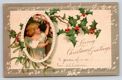 Clapsaddle Christmas~Blonde Girl In White~Holly~Mistletoe~c1910 Vintage Postcard