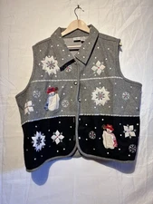 Carolina Colours Plus Wool Snowman Vest 26/28 Gray Black Embroidered 